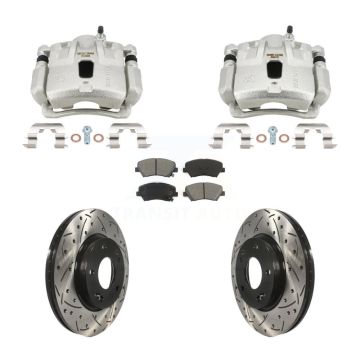 Front Brake Caliper Drill Slotted Rotors Semi-Metallic Pad Kit For Hyundai Elantra Coupe KCD-100680S