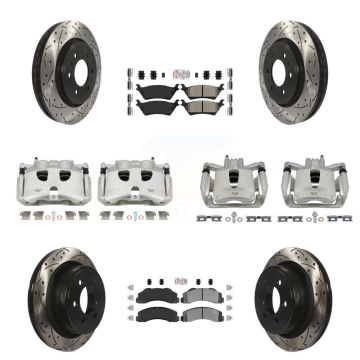 Front Rear Brake Caliper Drill Slotted Rotor Semi-Metallic Pad Kit (10Pc) For Ford F-150 KCD-100694N
