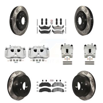 Front Rear Brake Caliper Drill Slotted Rotor Semi-Metallic Pad Kit (10Pc) For Ford F-150 KCD-101173N