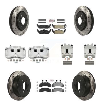 Front Rear Brake Caliper Drill Slotted Rotor Semi-Metallic Pad Kit (10Pc) For Ford F-150 KCD-101178N