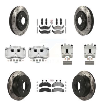 Front Rear Brake Caliper Drill Slotted Rotor Semi-Metallic Pad Kit (10Pc) For Ford F-150 KCD-101179N