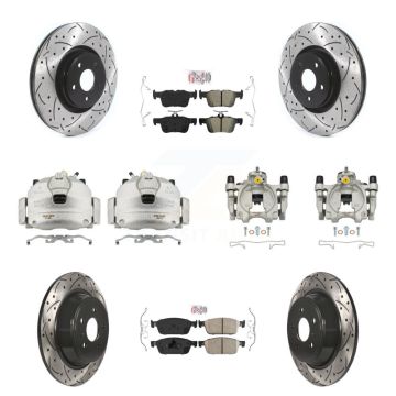 Front Rear Brake Caliper Drill Slotted Rotors Ameribrakes Pad Kit (10Pc) For Lincoln MKC KCD-101198N