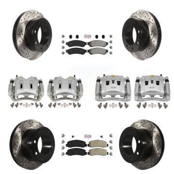 Front Rear Brake Caliper Drill Slotted Rotor Semi-Metallic Pad Kit (10Pc) For Ford F-250 KCD-101244N