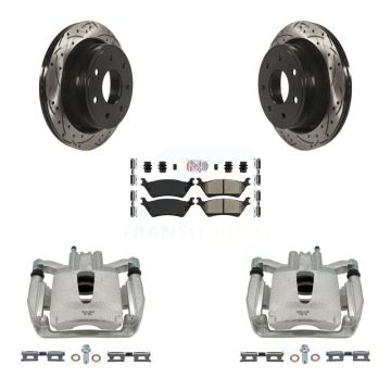 Rear Disc Brake Coated Caliper Drill Slotted Rotors Semi-Metallic Pad Kit For Ford F-150 KCD-101293N