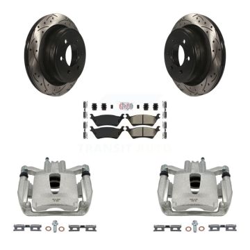 Rear Disc Brake Coated Caliper Drill Slotted Rotors Semi-Metallic Pad Kit For Ford F-150 KCD-101296N