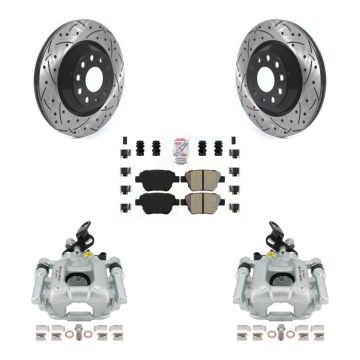 Rear Brake Caliper Drill Slotted Rotors Semi-Metallic Pad Kit For Volkswagen GTI Audi A3 KCD-101610N