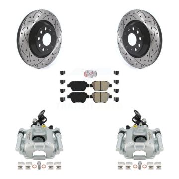 Rear Brake Caliper Drill Slotted Rotors Semi-Metallic Pad Kit For Volkswagen GTI Audi A3 KCD-101611N