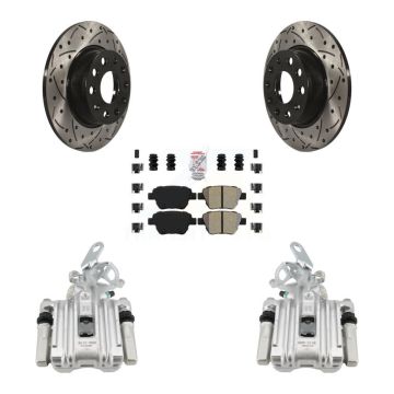 Rear Brake Coated Caliper Drill Slotted Rotor Semi-Metallic Pad Kit For Volkswagen Jetta KCD-101690N