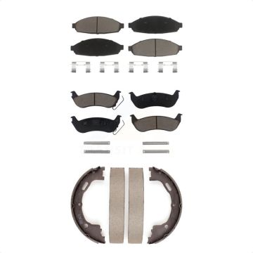 Front Rear Ceramic Brake Pads & Parking Shoe Kit For Lincoln Town Car Ford Crown Victoria KCN-100042