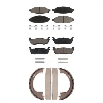 Front Rear Ceramic Brake Pads & Parking Shoe Kit For 2003-2010 Lincoln Town Car Limousine KCN-100043