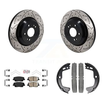 Rear Disc Drilled & Slotted Rotors Ceramic Pads Parking Shoes Kit For Genesis G80 3.3L KDA-103210