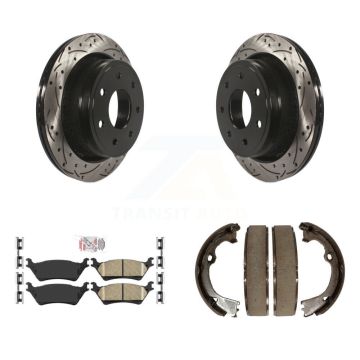 Rear Disc Drilled & Slotted Rotors Ceramic Pads Parking Brake Shoes Kit For Ford F-150 KDA-103217