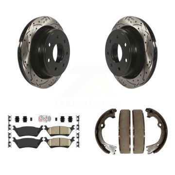 Rear Disc Drilled & Slotted Rotors Ceramic Pads Parking Brake Shoes Kit For Ford F-150 KDA-103218