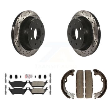 Rear Disc Drilled & Slotted Rotors Semi-Metallic Pads Parking Shoes Kit For Ford F-150 KDA-103219