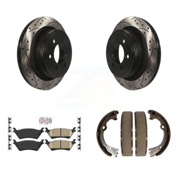 Rear Disc Drilled & Slotted Rotors Ceramic Pads Parking Brake Shoes Kit For Ford F-150 KDA-103220