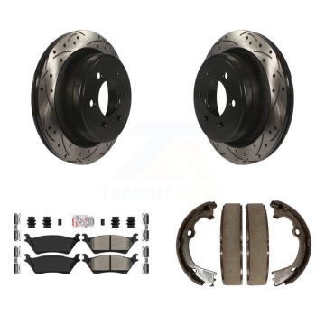 Rear Disc Drilled & Slotted Rotors Semi-Metallic Pads Parking Shoes Kit For Ford F-150 KDA-103222