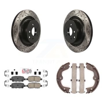 Rear Disc Drilled & Slotted Rotors Ceramic Pads Parking Brake Shoes Kit For INFINITI Q60 KDA-103240