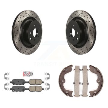 Rear Disc Drilled & Slotted Rotors Ceramic Pads Parking Brake Shoes Kit For INFINITI Q60 KDA-103241