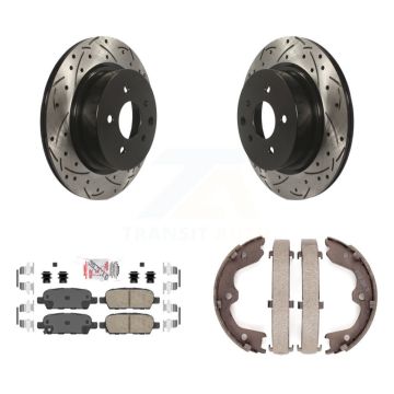 Rear Disc Drilled & Slotted Rotors Ceramic Pads Parking Shoes Kit For INFINITI EX35 M35 KDA-103245