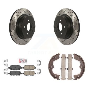 Rear Disc Drilled & Slotted Rotors Ceramic Pads Parking Shoes Kit For INFINITI EX35 M35 KDA-103246