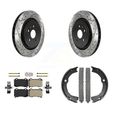 Rear Disc Drilled & Slotted Rotors Semi-Metallic Pads Parking Shoes Kit For Chevrolet CTS KDA-103248