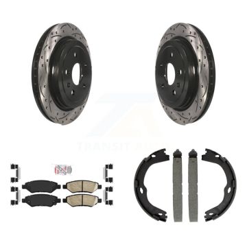 Rear Disc Drilled & Slotted Rotors Ceramic Pads Parking Brake Shoes Kit For Cadillac CTS KDA-103249