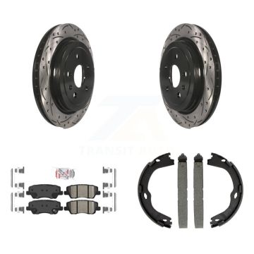 Rear Disc Drilled & Slotted Rotors Ceramic Pads Parking Brake Shoes Kit For Cadillac CTS KDA-103250