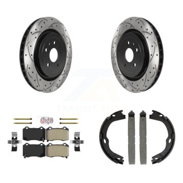 Rear Disc Drilled & Slotted Rotors Semi-Metallic Pads Parking Shoes Kit For Chevrolet CTS KDA-103252