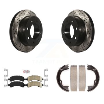 Rear Disc Drilled & Slotted Rotors Ceramic Pads Parking Shoes Kit For Chevrolet GMC 2500 KDA-103253