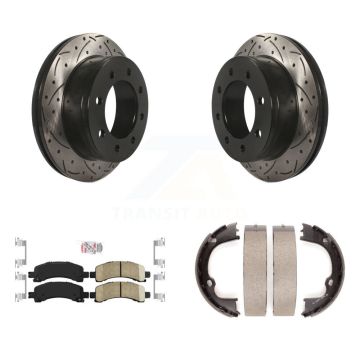 Rear Disc Drilled & Slotted Rotors Ceramic Pads Parking Shoes Kit For GMC Chevrolet 2500 KDA-103255