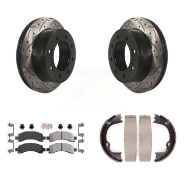 Rear Disc Drilled & Slotted Rotors Semi-Metallic Pads Parking Shoes Kit For GMC Chevrolet KDA-103256