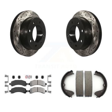 Rear Disc Drilled & Slotted Rotors Semi-Metallic Pads And Parking Brake Shoes Kit For KDA-103258