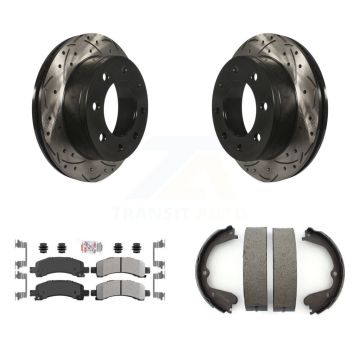 Rear Disc Drilled & Slotted Rotors Semi-Metallic Pads And Parking Brake Shoes Kit For KDA-103260