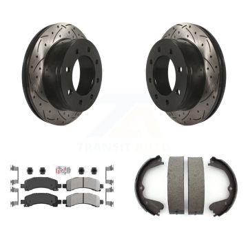 Rear Disc Drilled & Slotted Rotors Semi-Metallic Pads And Parking Brake Shoes Kit For KDA-103262