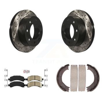 Rear Disc Drilled & Slotted Rotors Ceramic Pads Parking Shoes Kit For Chevrolet Express KDA-103272
