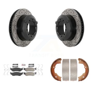 Rear Disc Drilled & Slotted Rotors Semi-Metallic Pads Parking Shoes Kit For Ford F-450 KDA-103278