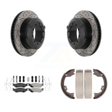 Rear Disc Drilled & Slotted Rotors Semi-Metallic Pads Parking Shoes Kit For Ford F-450 IC KDA-103279