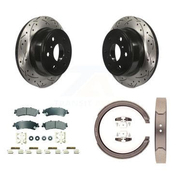 Rear Disc Drilled & Slotted Rotors Semi-Metallic Pads And Parking Brake Shoes Kit For KDA-103291