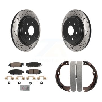 Rear Disc Drilled & Slotted Rotors Ceramic Pads Parking Shoes Kit For Chevrolet Silverado KDA-103297