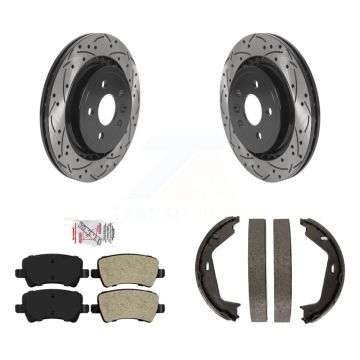 Rear Disc Drilled & Slotted Rotors Semi-Metallic Pads Parking Shoes Kit For Volvo S80 AWD KDA-103332