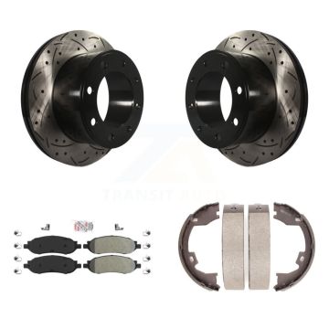 Rear Disc Drilled & Slotted Rotors Semi-Metallic Pads Parking Shoes Kit For Ford F-350 KDA-103352