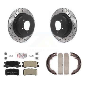 Rear Disc Drilled & Slotted Rotors Ceramic Pads Parking Shoes Kit For Jeep Mitsubishi 200 KDA-103357