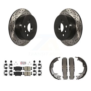 Rear Disc Drilled & Slotted Rotors Ceramic Pads Parking Shoes Kit For Toyota Camry Lexus KDA-103373