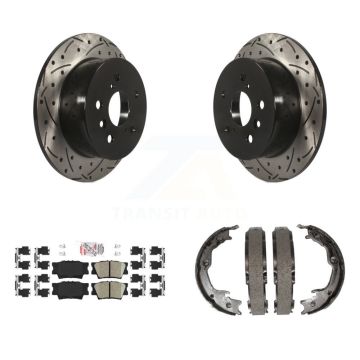 Rear Disc Drilled & Slotted Rotors Ceramic Pads Parking Shoes Kit For Toyota Camry Lexus KDA-103374