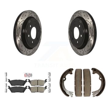 Rear Disc Drilled & Slotted Rotors Ceramic Pads Parking Brake Shoes Kit For Ford F-150 KDA-103375