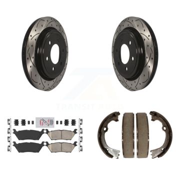 Rear Disc Drilled & Slotted Rotors Ceramic Pads Parking Brake Shoes Kit For Ford F-150 KDA-103376