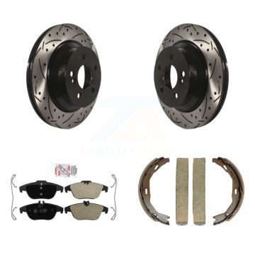 Rear Disc Drilled & Slotted Rotors Semi-Metallic Pads And Parking Brake Shoes Kit For KDA-103379