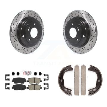 Rear Disc Drilled & Slotted Rotors Ceramic Pads And Parking Brake Shoes Kit For KDA-103393