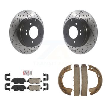 Rear Disc Drilled & Slotted Rotors Ceramic Pads Parking Shoes Kit For Hyundai Sonata Kia KDA-103395