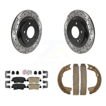 Rear Disc Drilled & Slotted Rotors Ceramic Pads Parking Brake Shoes Kit For Kia Optima KDA-103397